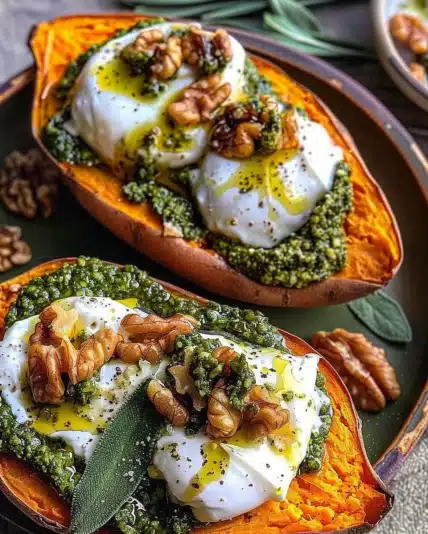 stuffed sweet potatoes, burrata sweet potatoes, walnut sage pesto, vegetarian fall dinner, roasted sweet potato recipe