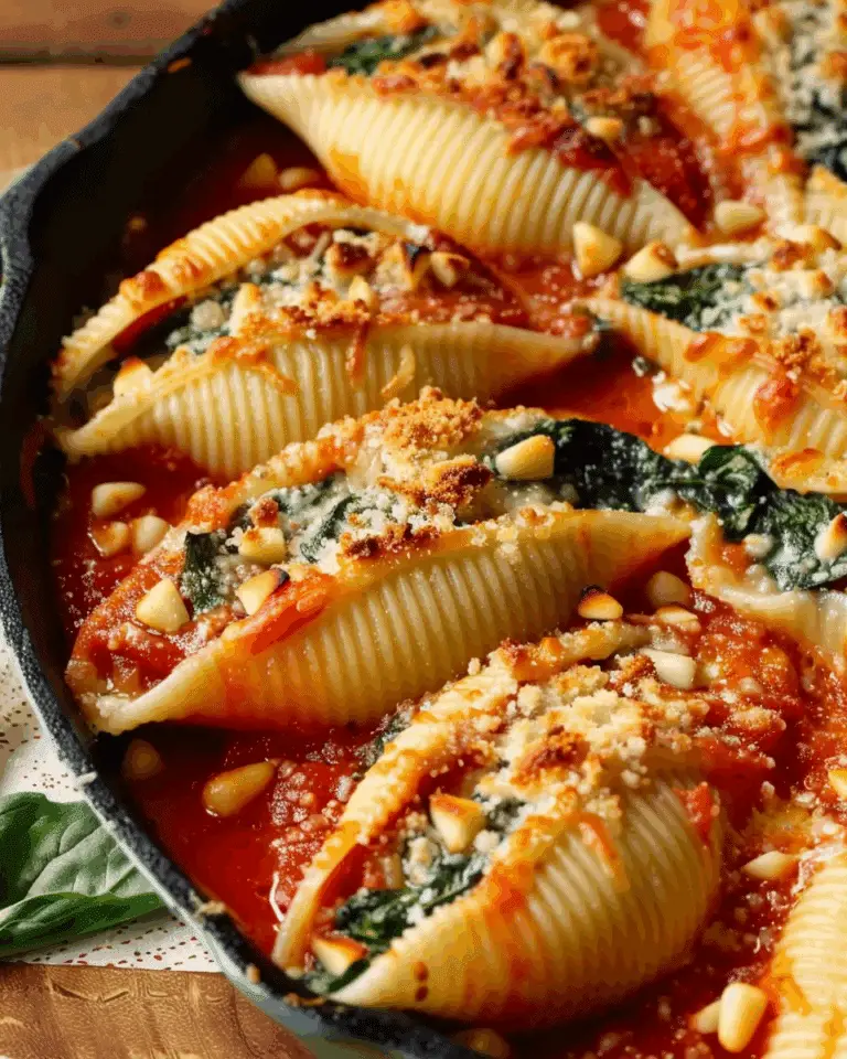 Stuffed Pasta Shells with Ricotta, Mozzarella, Parmesan, Sautéed Spinach, Marinara Sauce & Pine Nuts
