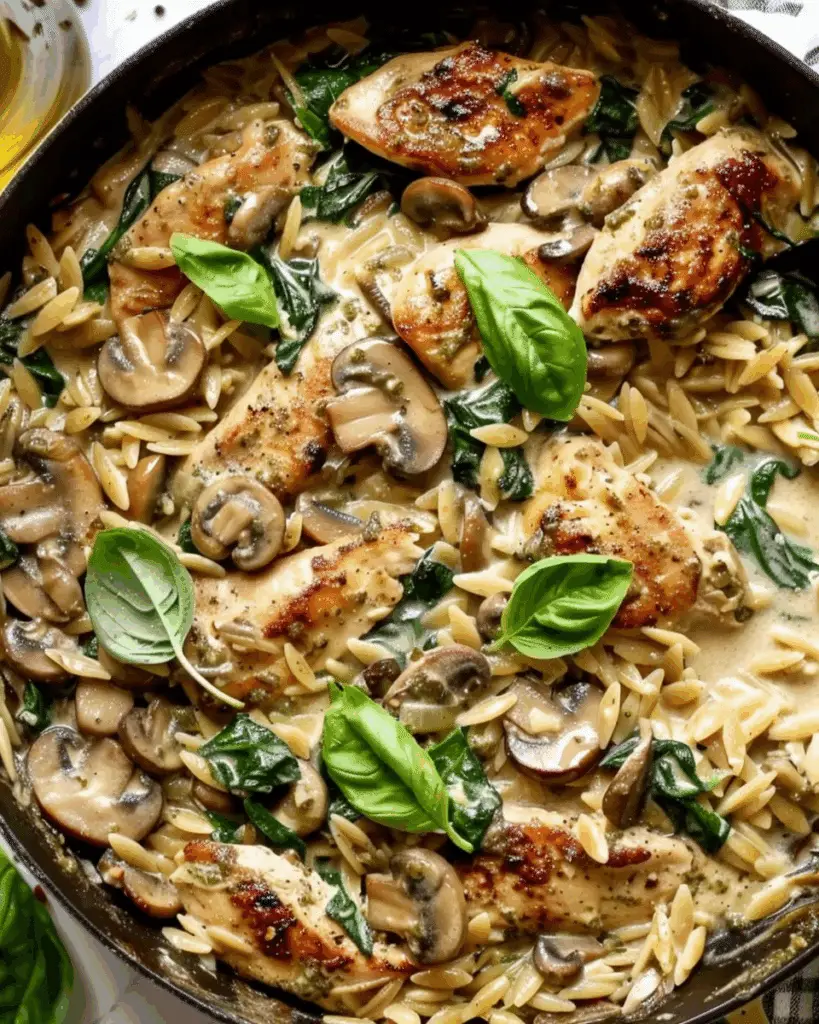 One‑Pan Creamy Chicken Orzo with Mushrooms, Spinach, and Basil Pesto