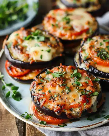 Cheesy Eggplant and Tomato Baked Stacks Recipe