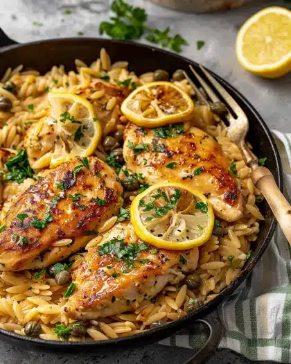 Chicken Piccata Orzo with Capers and Lemon