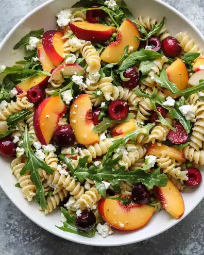 Cherry & Peach Pasta Salad With Feta, Arugula, And Honey-Lemon Salad Dressing