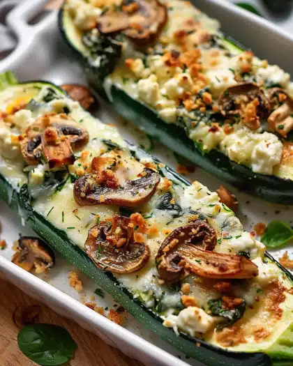 Spinach, Mushroom, and Ricotta Stuffed Zucchini