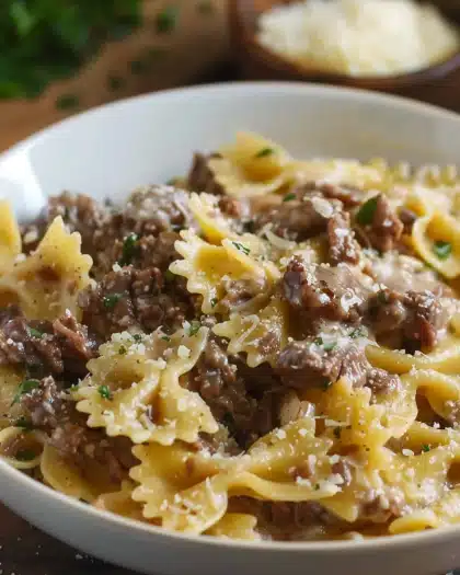 Garlic Parmesan Bowtie Pasta with Creamy Beef
