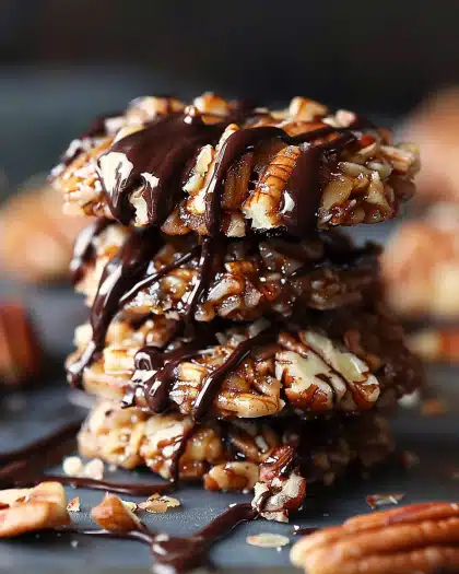 No-Bake Coconut Pecan Praline Cookies with Dark Chocolate Drizzle