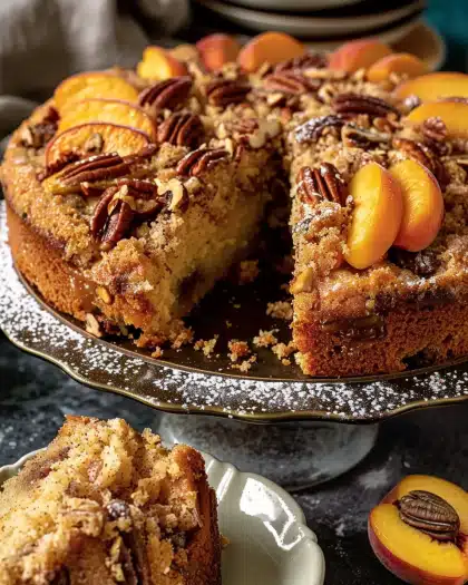 Peach Coffee Cake with Pecans & Cinnamon Brown Sugar Streusel