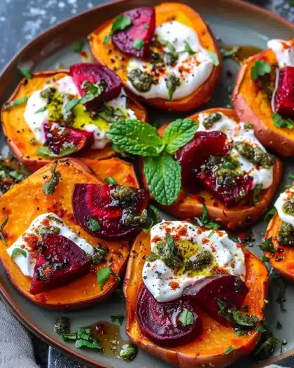 Sweet Potato Rounds with Burrata, Roasted Beets & Mint Yogurt Dressing
