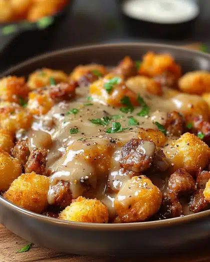 Tater Tot Sausage Breakfast Bowl with Gravy