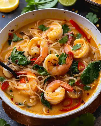 Thai Shrimp Coconut Noodle Soup With Bell Pepper, Spinach, And Mushrooms