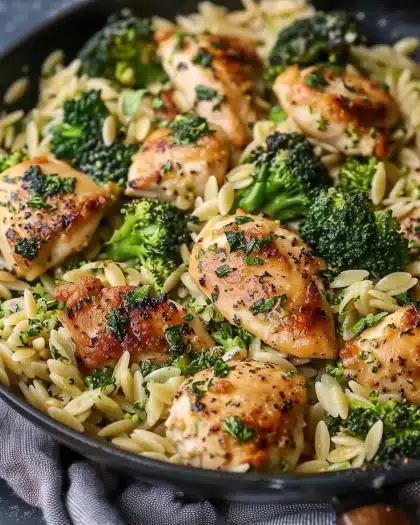 Garlic Parmesan Chicken & Broccoli Orzo Skillet
