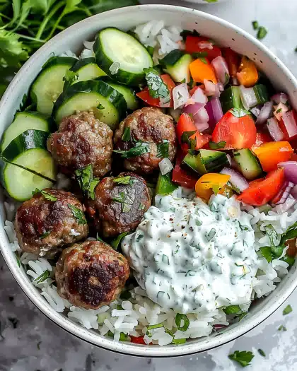 Greek Meatball Bowl With Tzatziki, Rice & Fresh Veggies