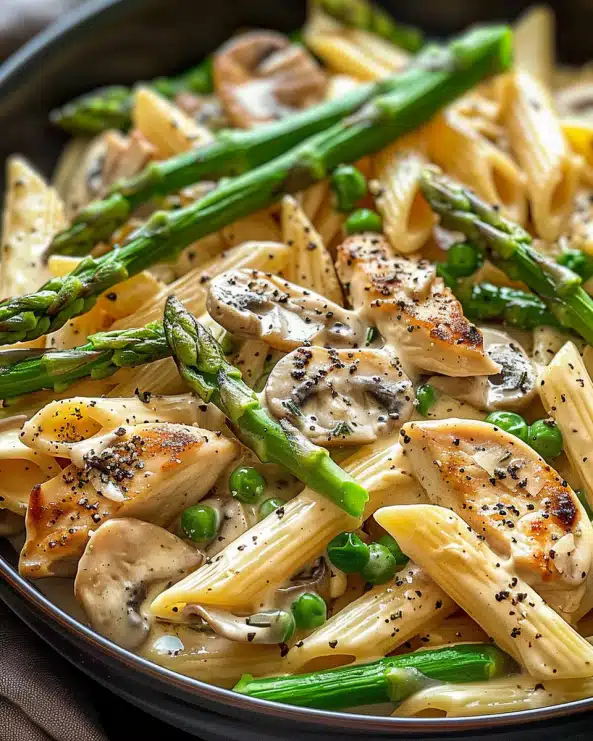 Creamy Mushroom and Asparagus Chicken Penne