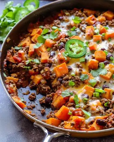 Southwest Ground Beef and Sweet Potato Skillet