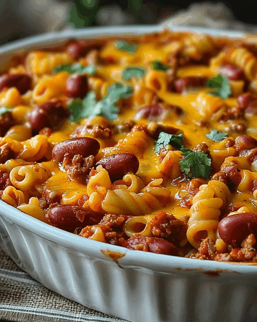 Loaded Chili Cheese Dog Pasta Bake