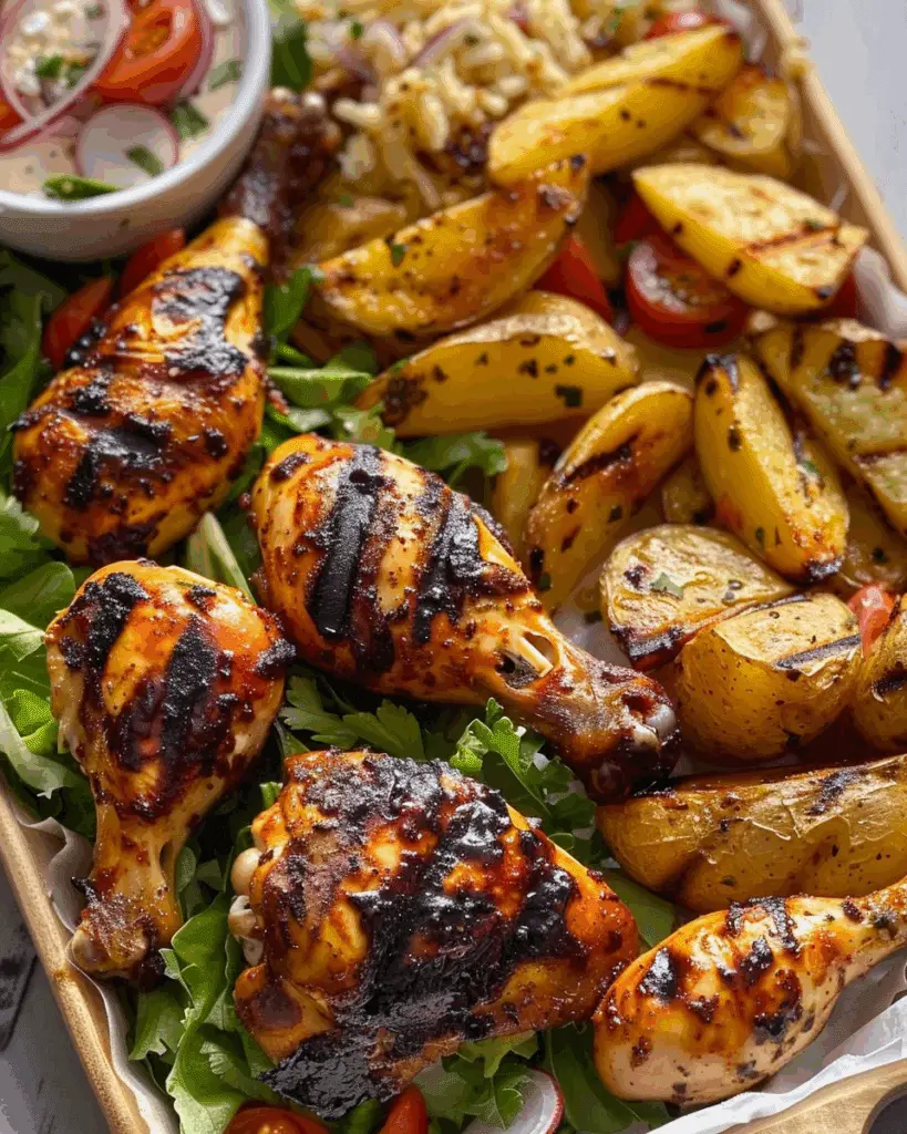 Grilled Chicken Drumsticks with Crispy Potato Wedges and Fresh Salad