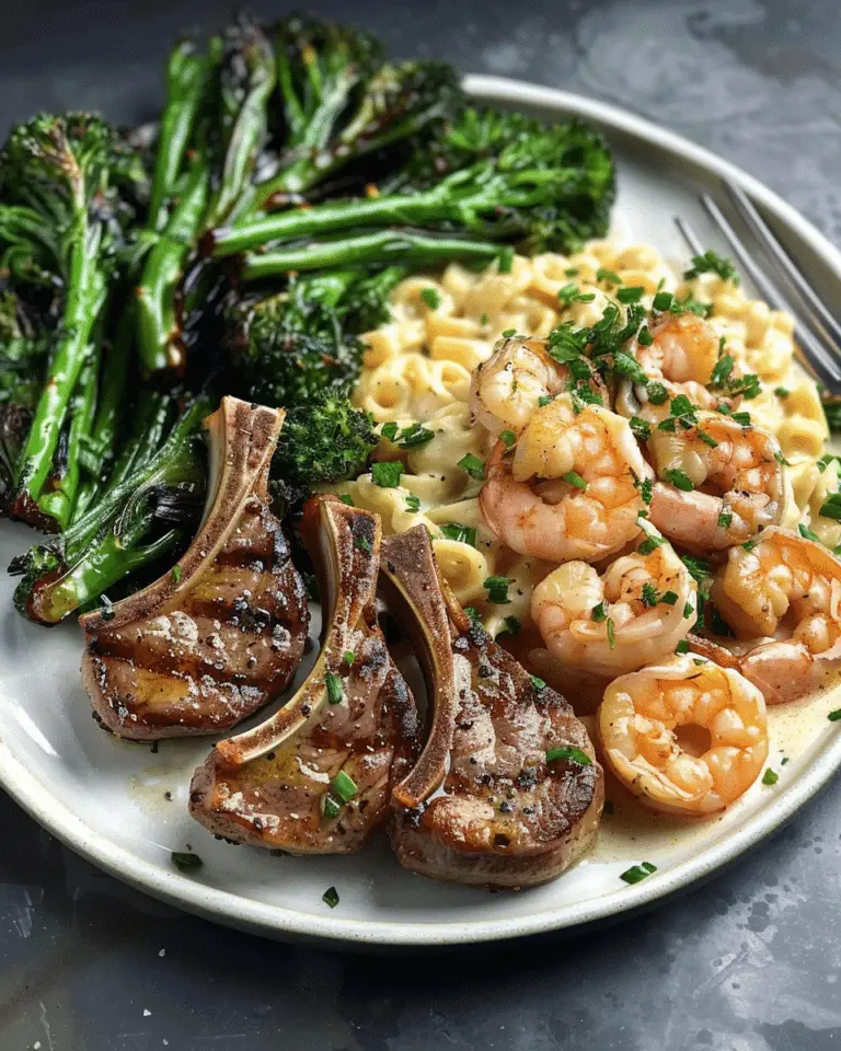 Garlic Lamb Chops, Shrimp Alfredo & Roasted Broccolini