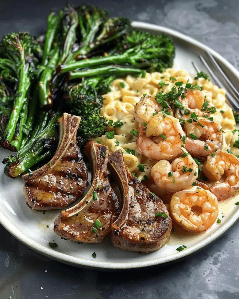 Garlic Lamb Chops, Shrimp Alfredo & Roasted Broccolini