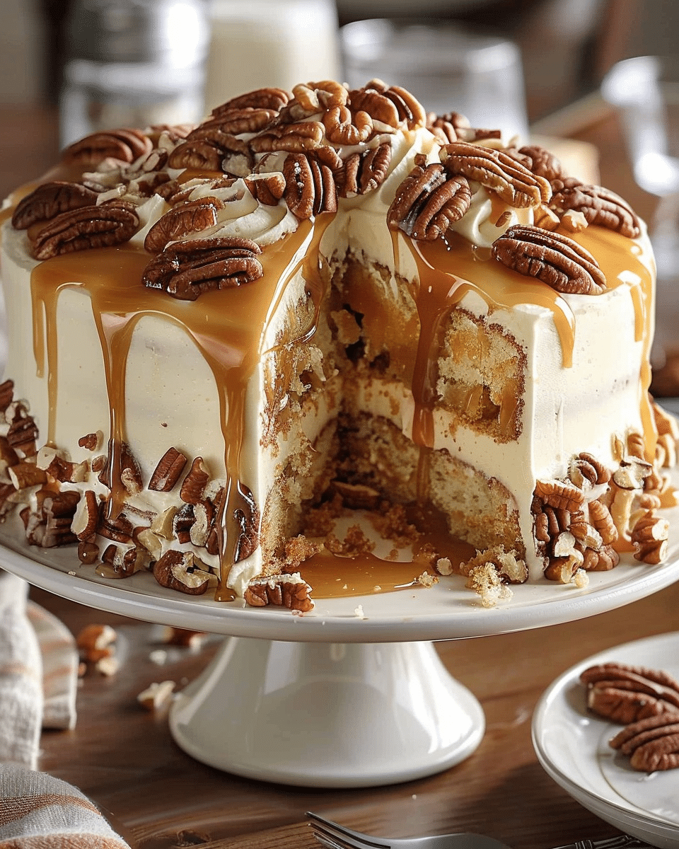 Caramel Butter Pecan Praline Poke Cake