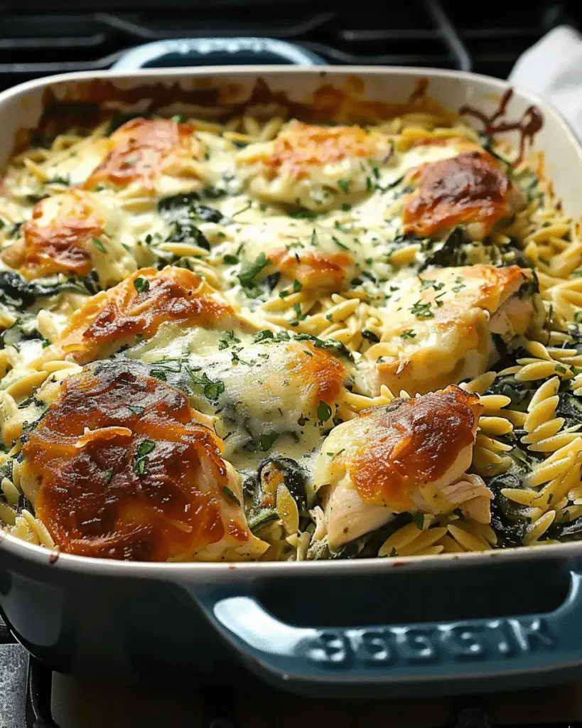 Spinach Artichoke Chicken Orzo Bakes