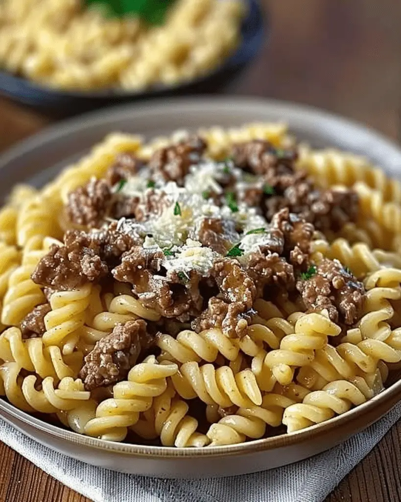 Beef and Rotini in Garlic Parmesan Sauce