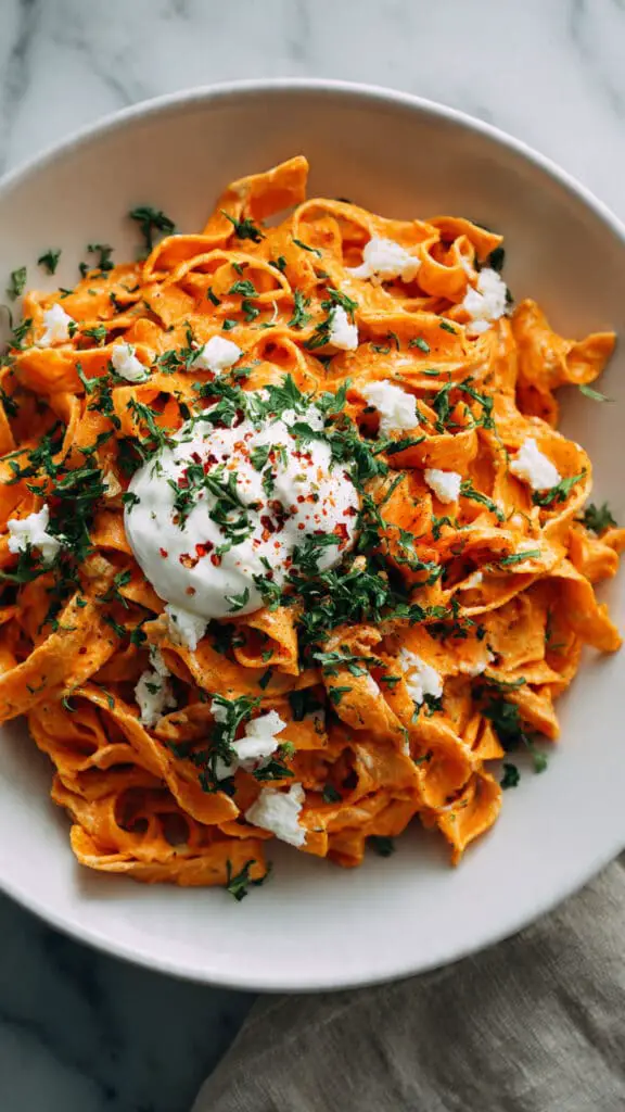 Creamy Red Pepper Pasta with Burrata & Herbs