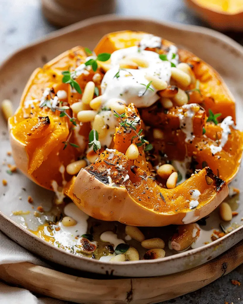 Roasted Pumpkin with Lemon Yogurt Sauce and Pine Nuts