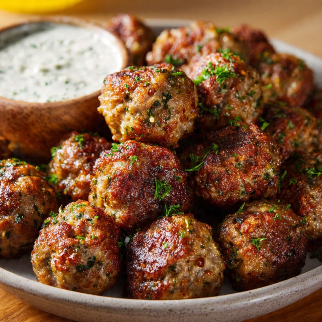 Crispy Garlic Meatballs with Herb Dip