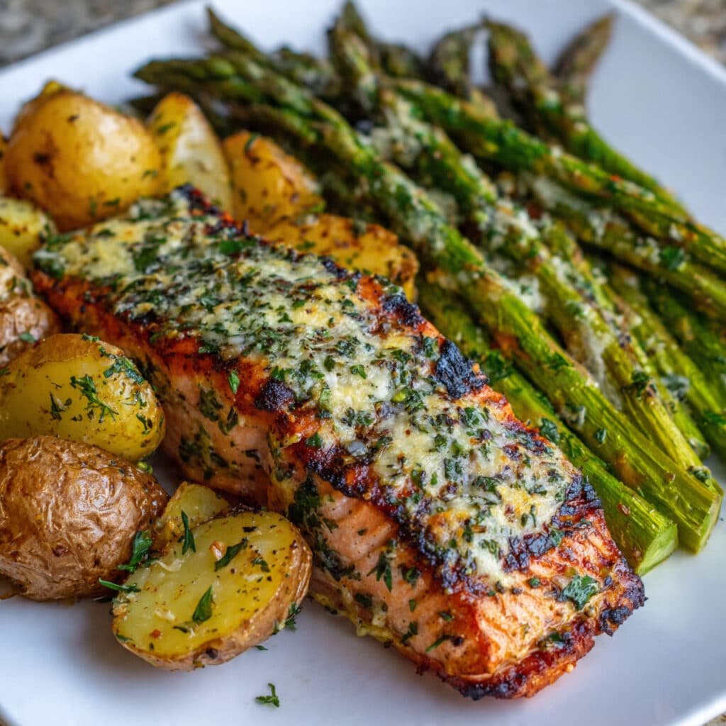 Ultimate Grilled Salmon with Cheesy Asparagus & Herb Roasted Potatoes