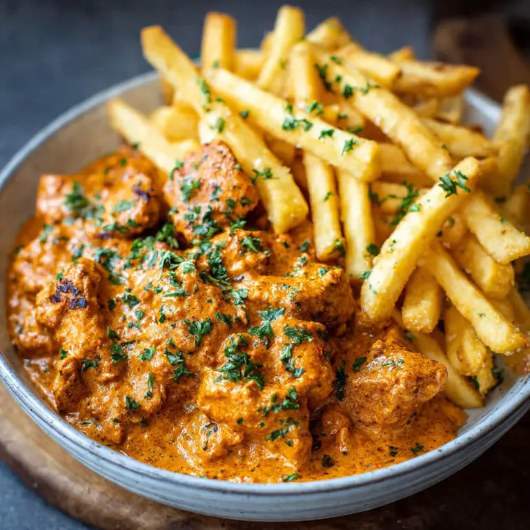 Velvety Butter Chicken with Garlic-Tomato Cream and Golden Fries