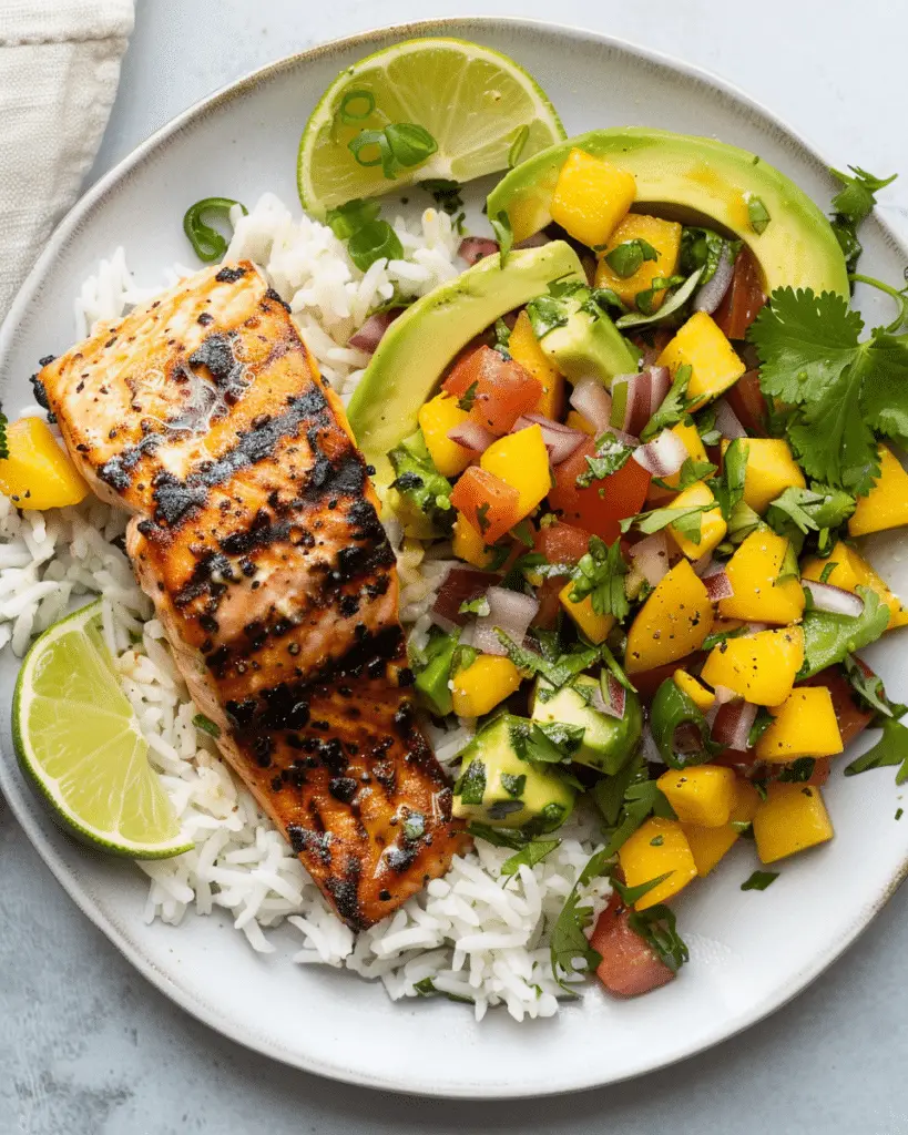 Grilled Salmon With Mango Salsa And Coconut Rice