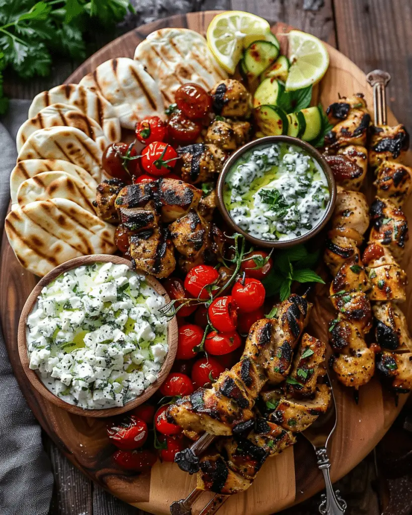 Greek Chicken Souvlaki Grazing Board with Feta Dip – A Mediterranean Feast to Share