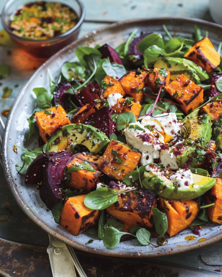Roasted Beet, Sweet Potato & Avocado Salad with Whipped Ricotta & Lemon-Tahini Drizzle