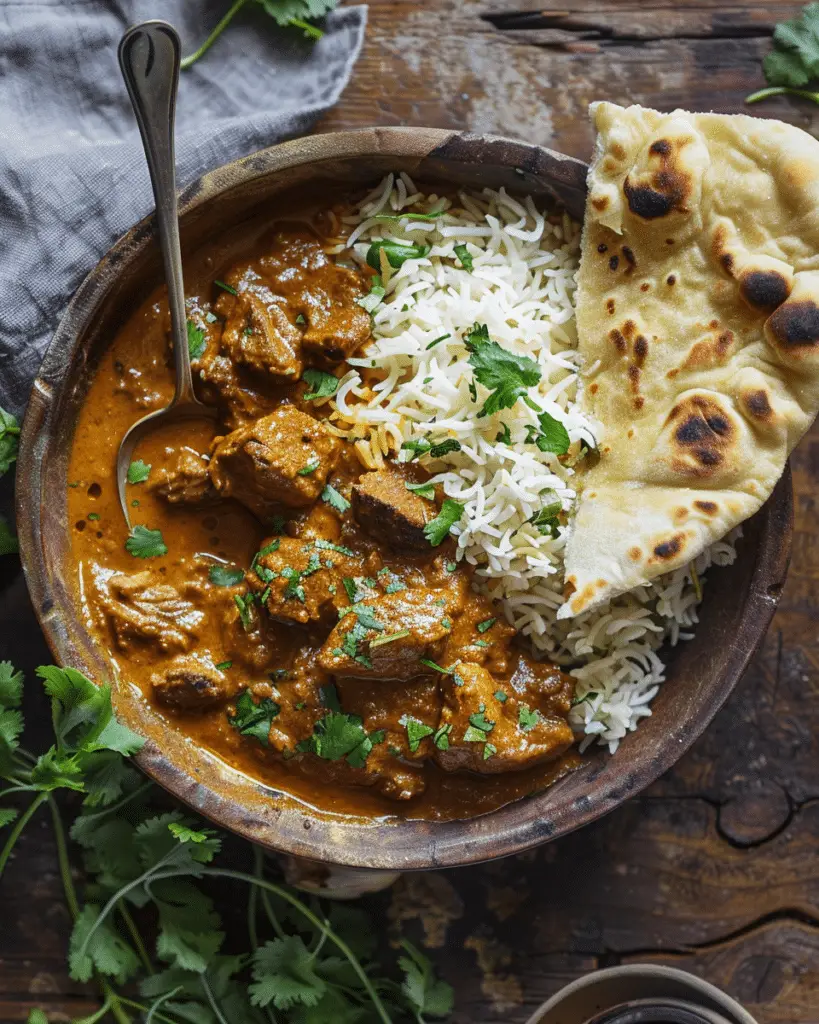 Coconut-Braised Spiced Beef Curry With Garlic Naan
