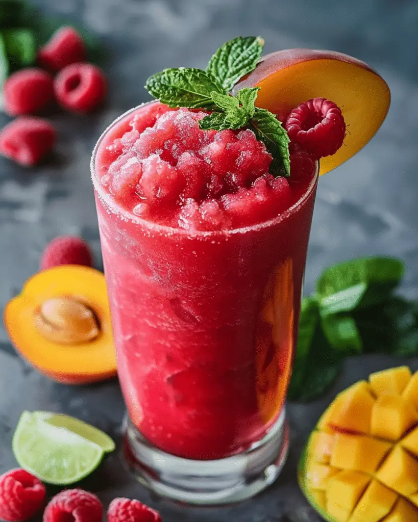 Virgin raspberry mango margarita slushie – bright, refreshing, and easy