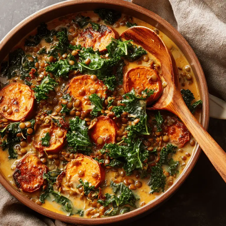 One Pan Creamy Lentils, Japanese Sweet Potatoes, + Kale