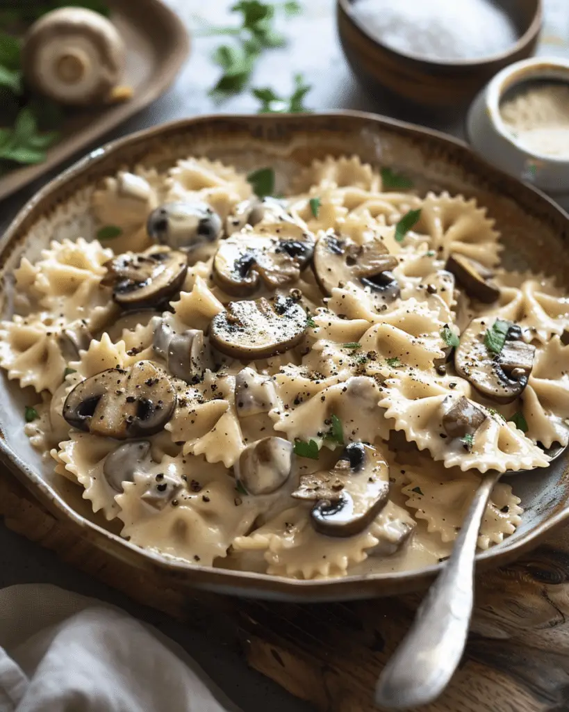 Farfalle aux champignons, crème, vin blanc