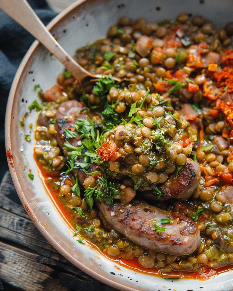 Red Pepper Lentils, Sausages & A Salsa Verde Crumb