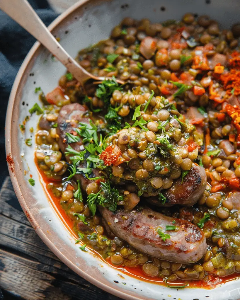 Red Pepper Lentils, Sausages & A Salsa Verde Crumb