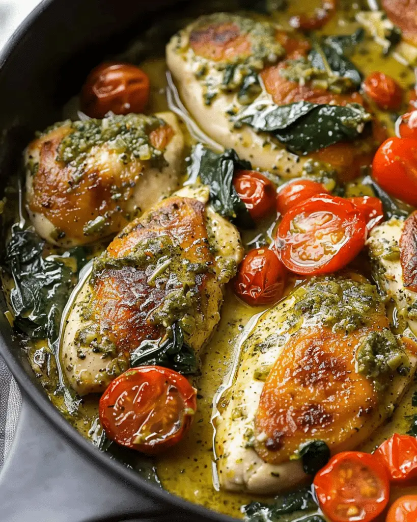 Creamy Pesto Chicken With Roasted Tomatoes & Spinach