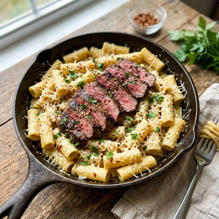 One-Skillet Spicy Garlic Butter Parmesan Steak Pasta
