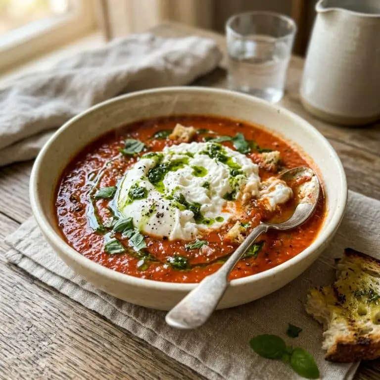 Roasted Tomato, Whipped Burrata, and Basil Oil Soup